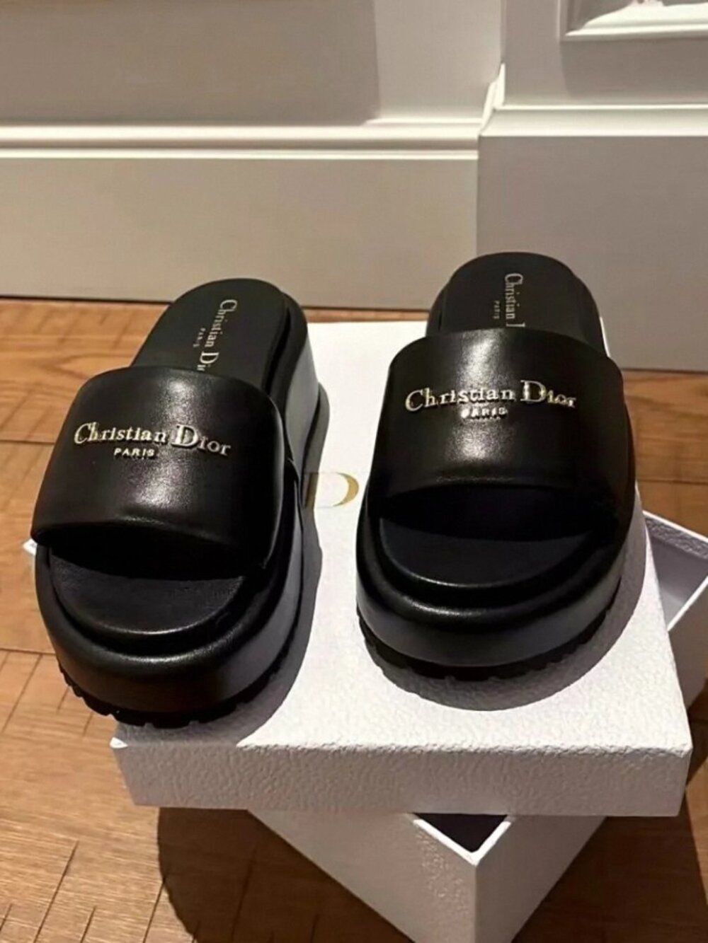 Dior Black Leather Platform Slides